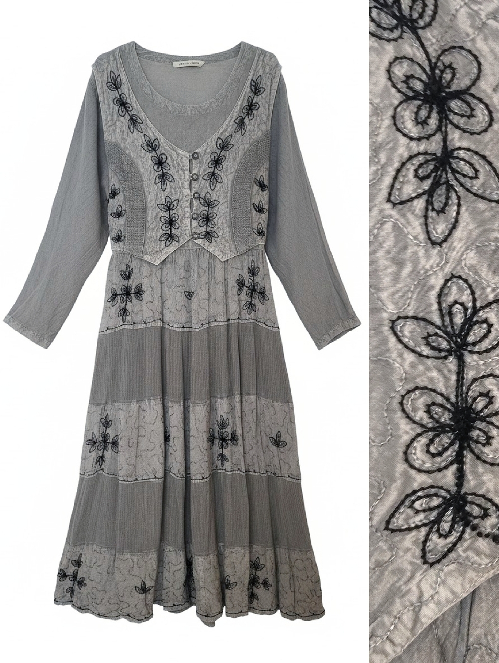 VTG 90s Gray Black Embroidered Vest Maxi Dress Large Whimsigoth Long Sleeve